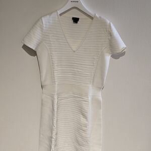 White V-Neck Ribbed Dress
